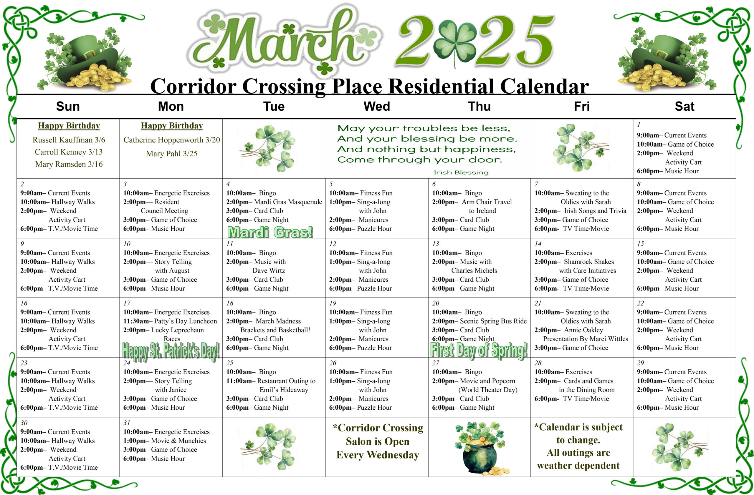 Corridor Crossing Place - Memory Care in Cedar Rapids Iowa - Residential Care Calendar