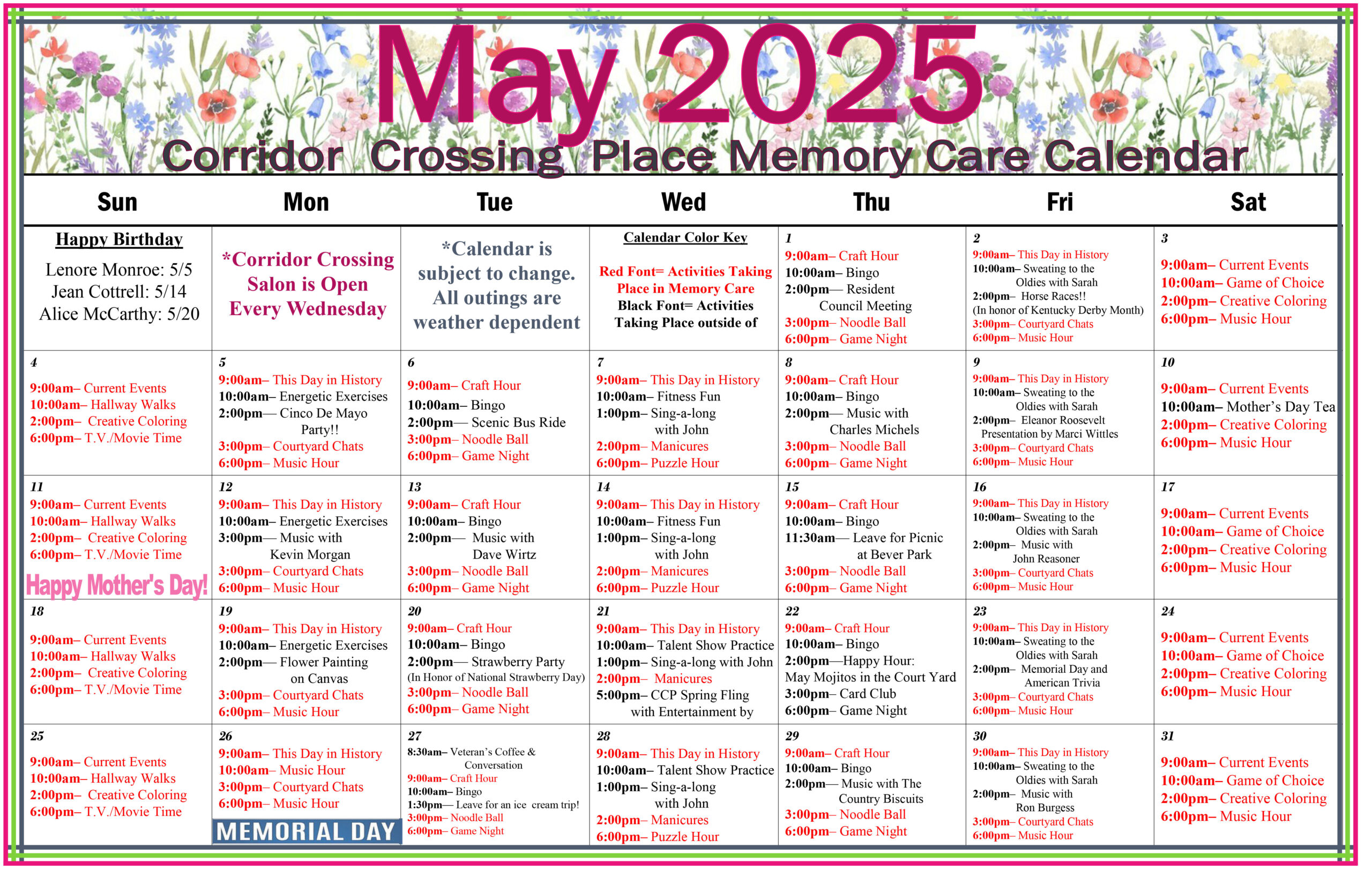 Corridor Crossing Place - Memory Care in Cedar Rapids Iowa - Memory Care Calendar