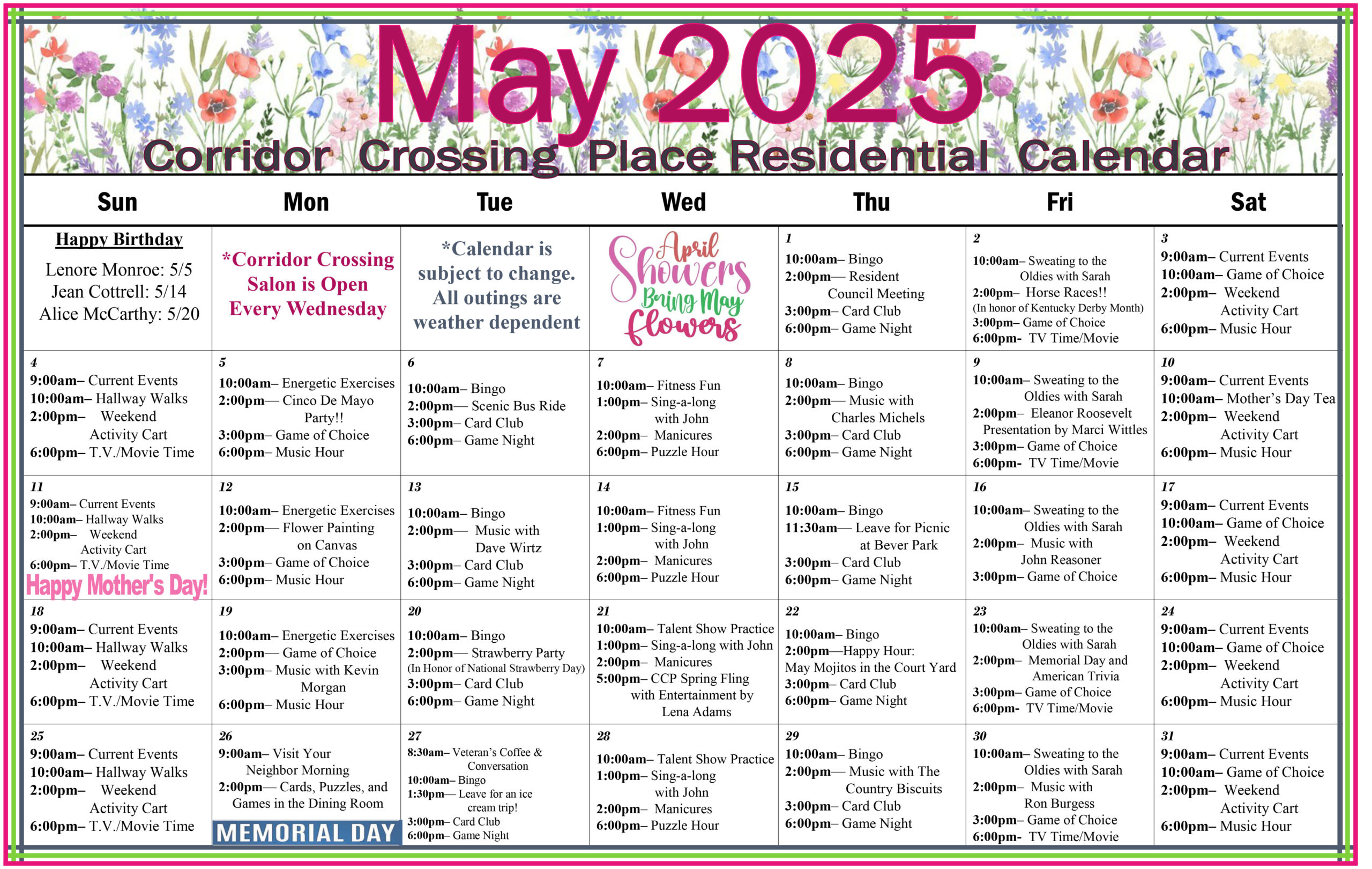 Corridor Crossing Place - Memory Care in Cedar Rapids Iowa - Residential Care Calendar