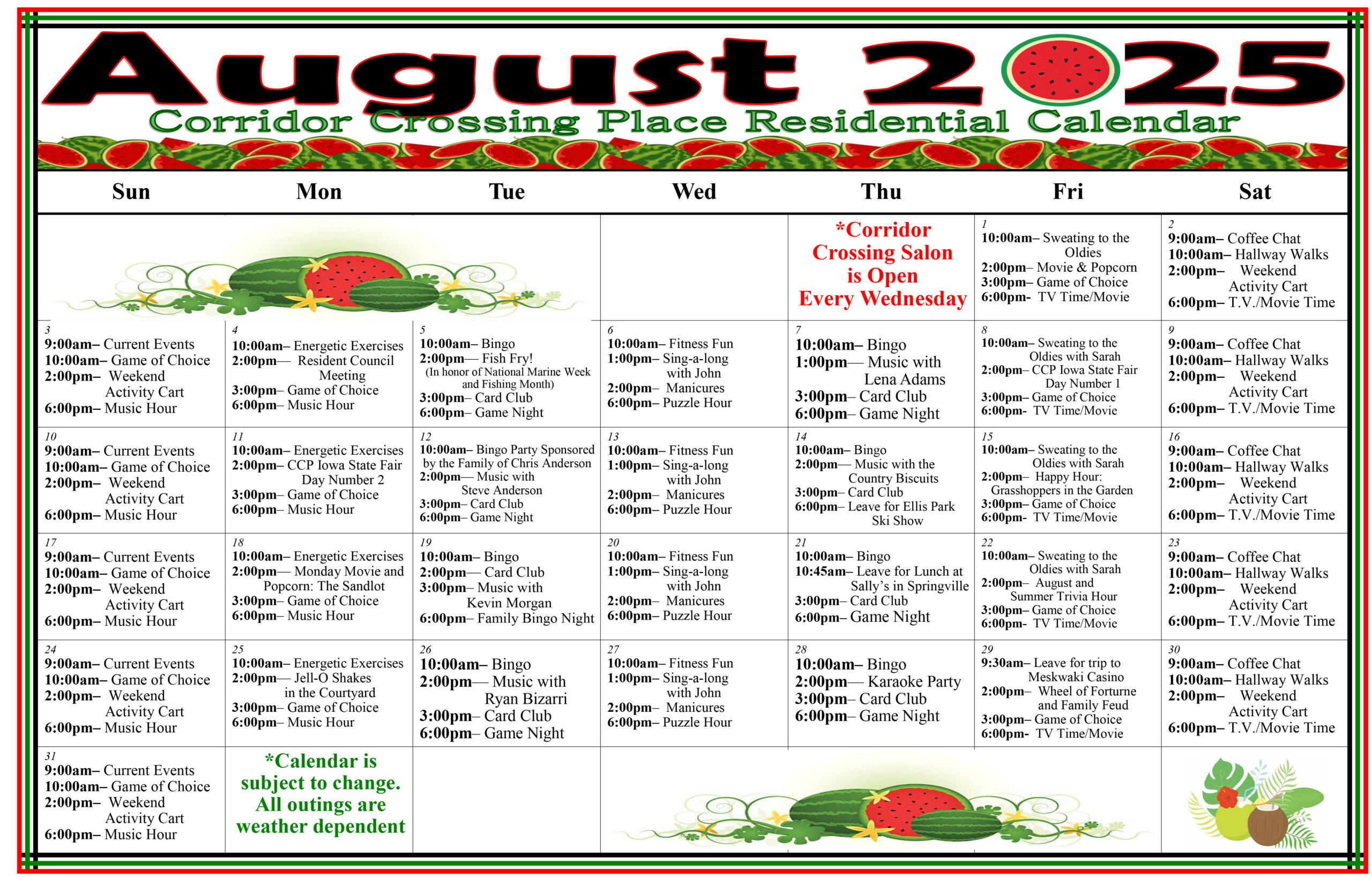 Corridor Crossing Place - Memory Care in Cedar Rapids Iowa - Residential Care Calendar