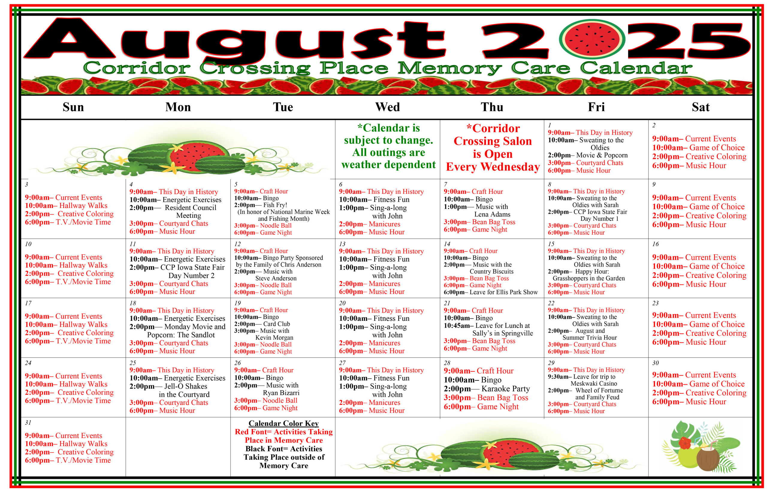 Corridor Crossing Place - Memory Care in Cedar Rapids Iowa - Memory Care Calendar