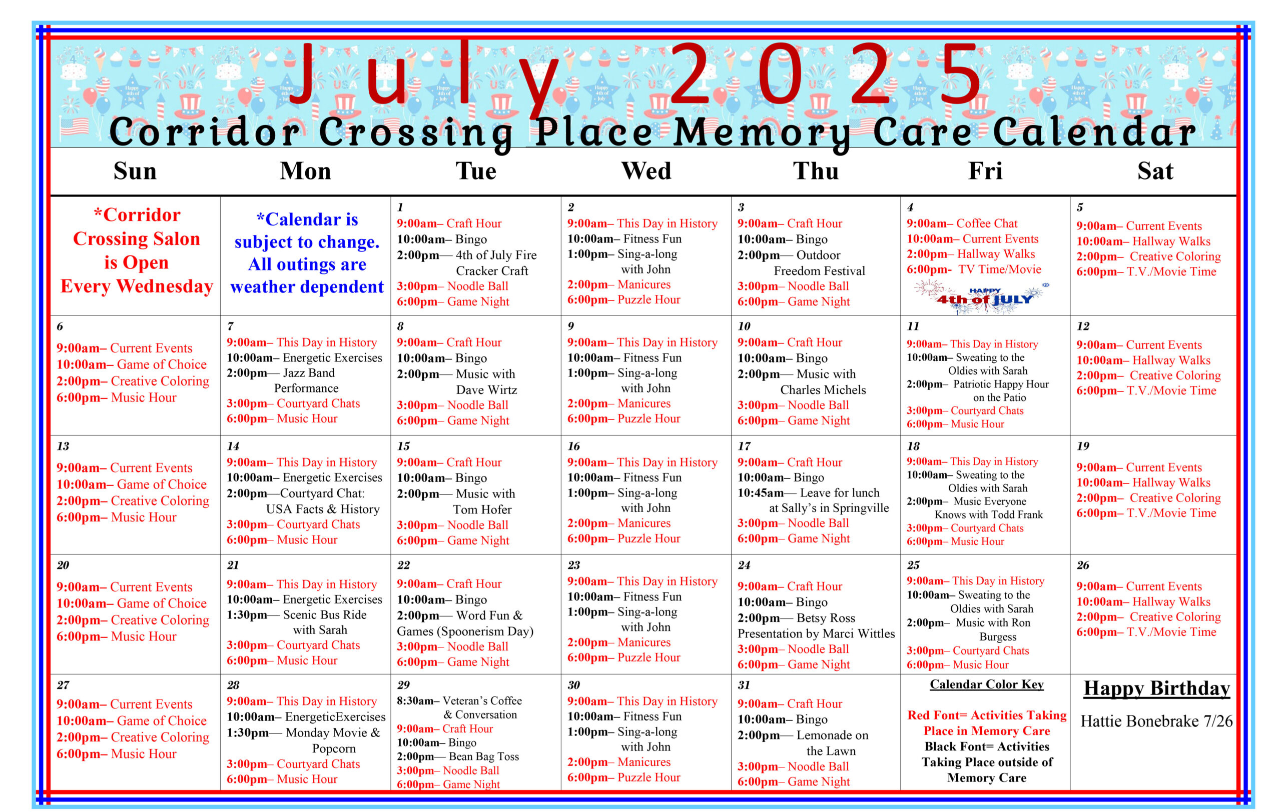 Corridor Crossing Place - Memory Care in Cedar Rapids Iowa - Memory Care Calendar