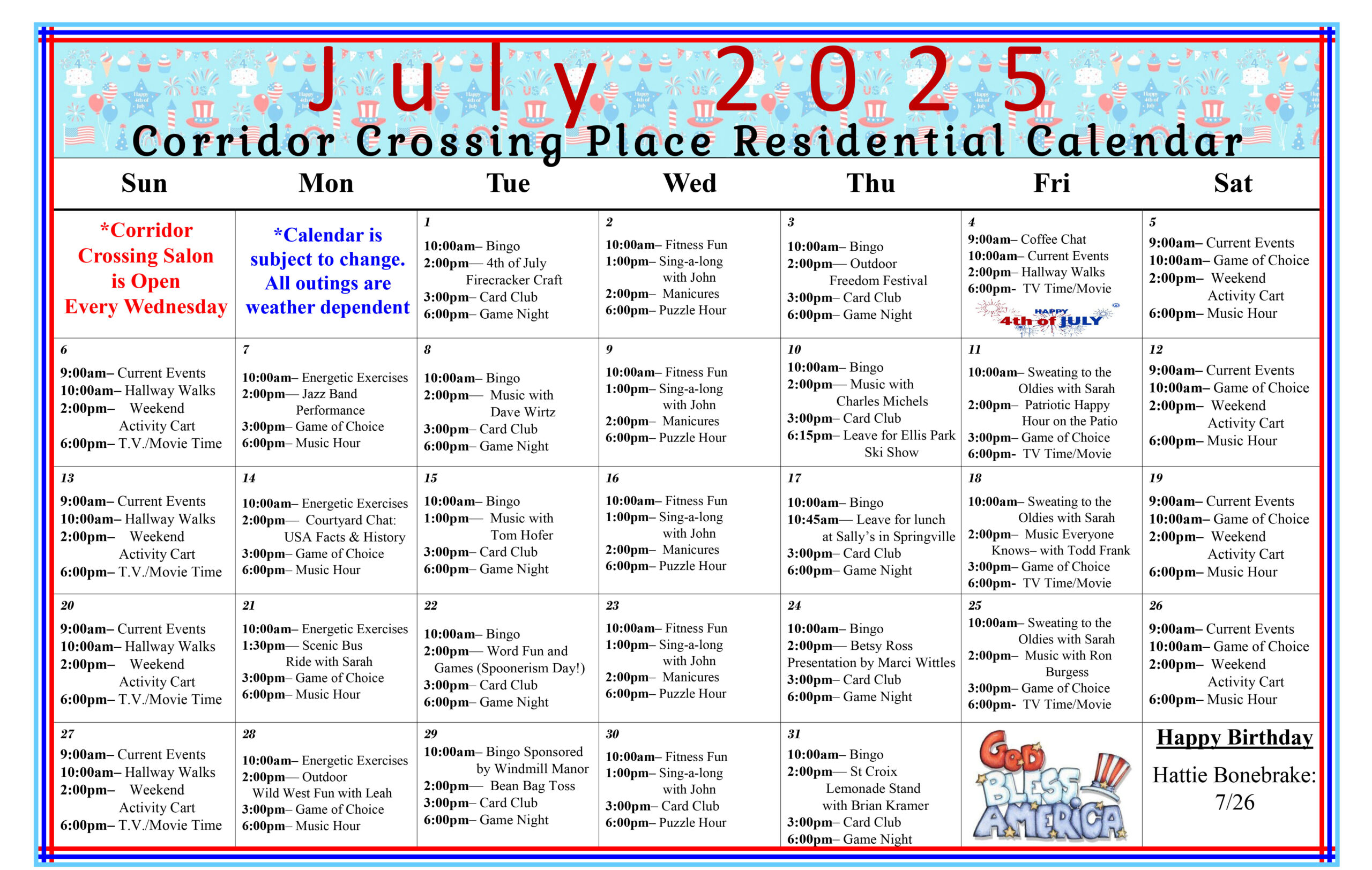 Corridor Crossing Place - Memory Care in Cedar Rapids Iowa - Residential Care Calendar