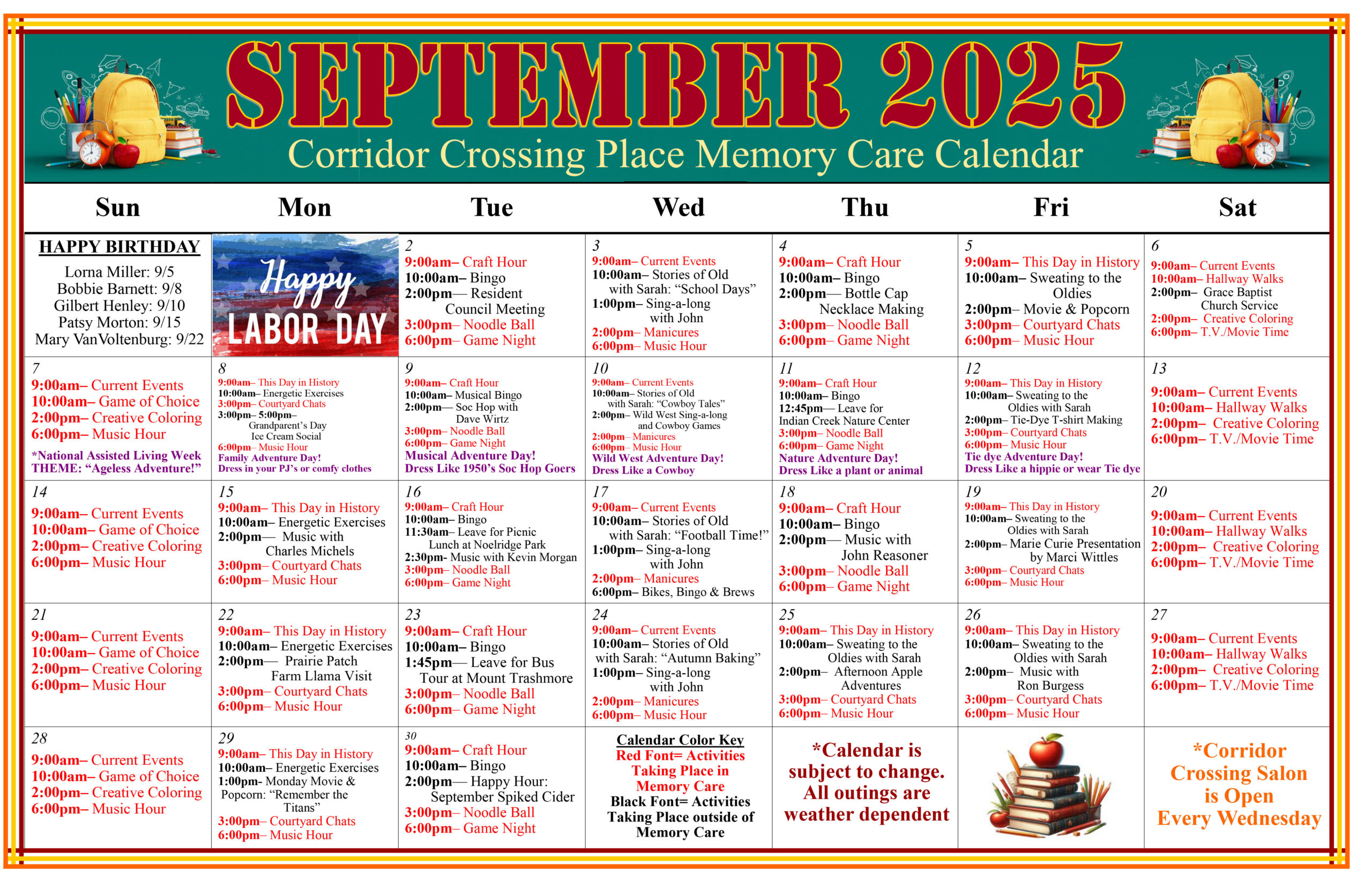 Corridor Crossing Place - Memory Care in Cedar Rapids Iowa - Memory Care Calendar